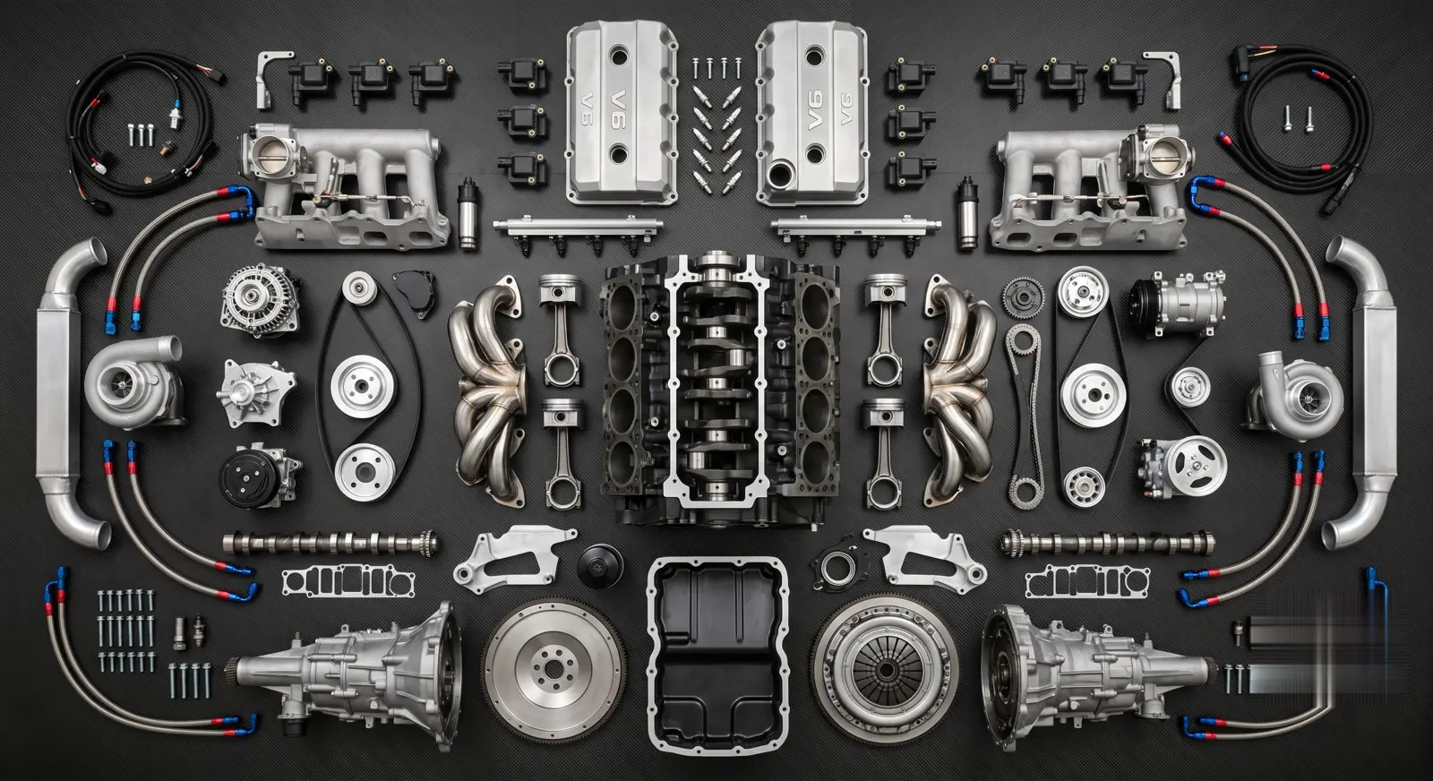 Engine components flat lay
